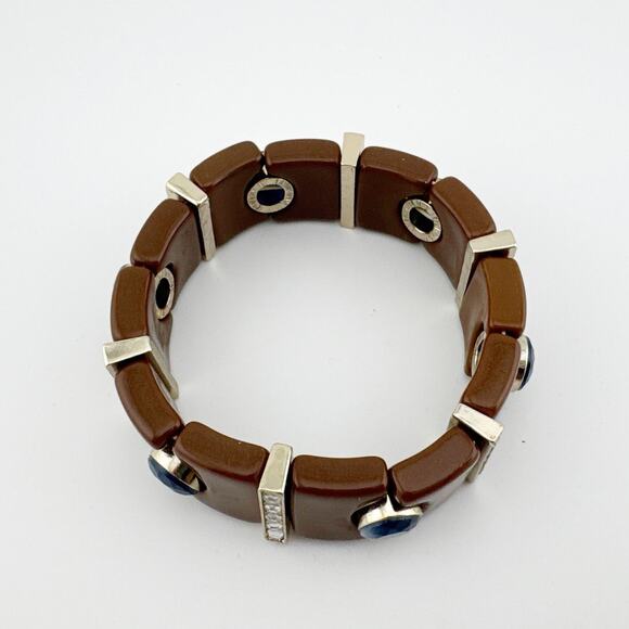 Vintage Brown Blue Gemstone Stretch Bangle Bracelet Retro Art Deco Style - Picture 5 of 8